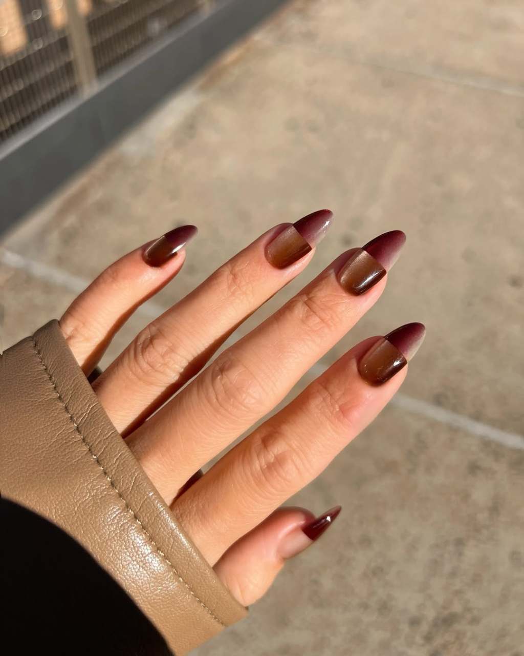 Glossy Burgundy to Brown Gradient Almonds Glossy Burgundy to Brown Gradient Almonds — Trendy Long Nails