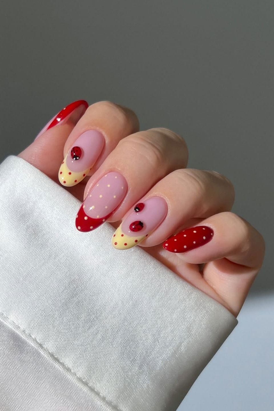Red French Tips with Ladybugs and Polka Dots Red French Tips with Ladybugs and Polka Dots — Trendy Long Nails