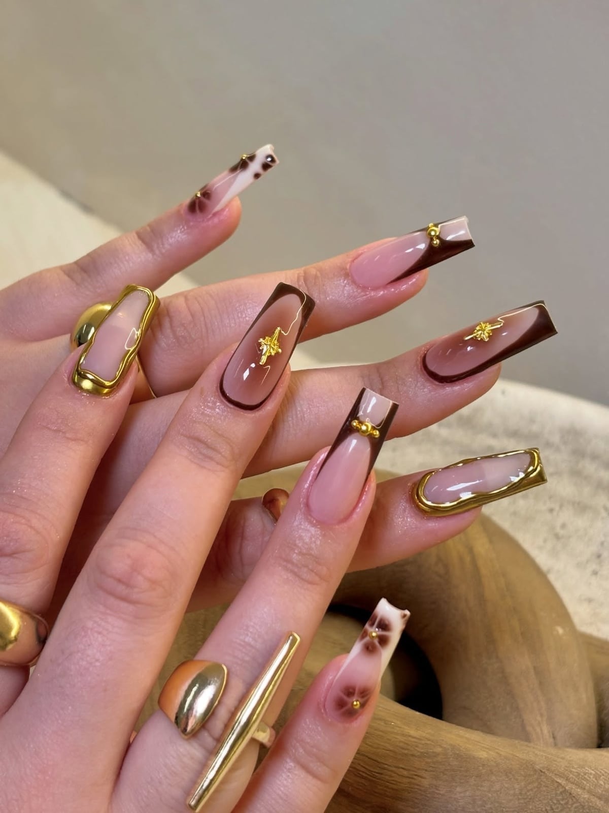 Long Coffin Nails with Brown Gold French Long Coffin Nails with Brown Gold French — Trendy Long Nails