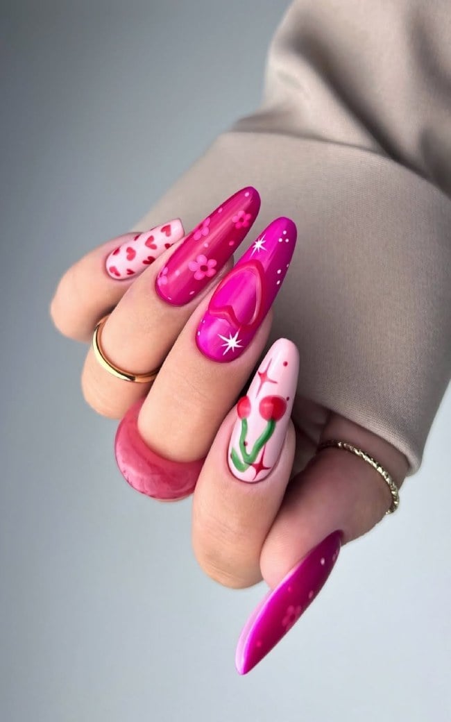 Vibrant Pink Stilettos with Cherries and Stars Vibrant Pink Stilettos with Cherries and Stars — Trendy Long Nails