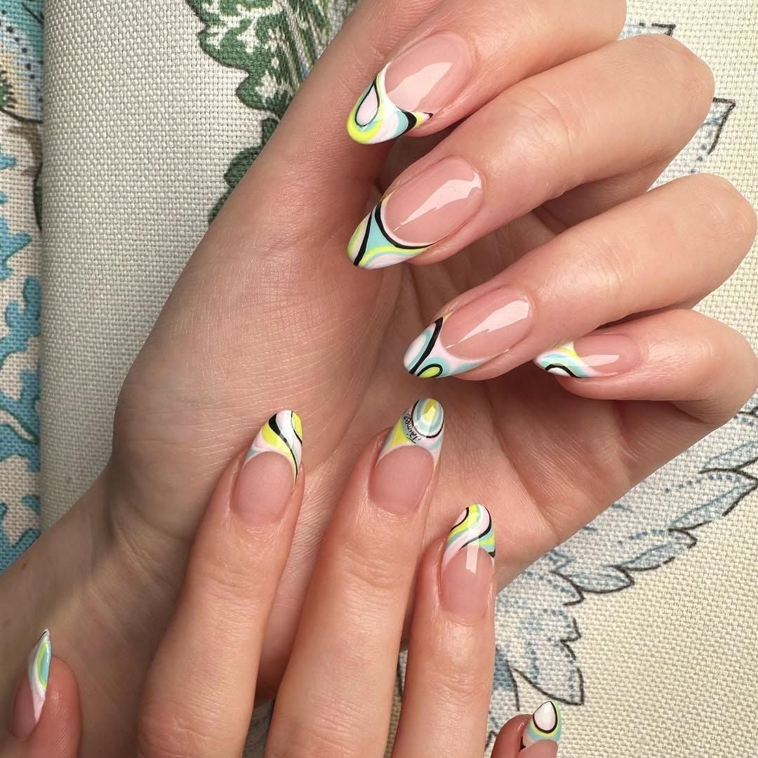 Oval Nails with Colorful Abstract French Oval Nails with Colorful Abstract French — Trendy Long Nails