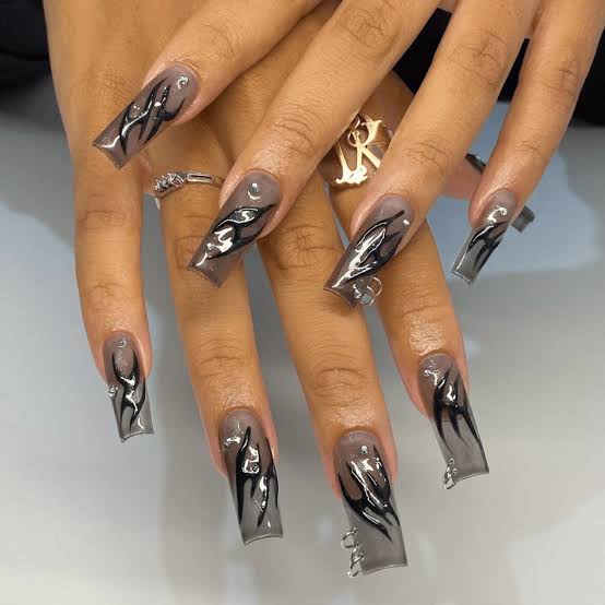 Glossy Grey Square Nails with Black Flames Glossy Grey Square Nails with Black Flames — Trendy Long Nails
