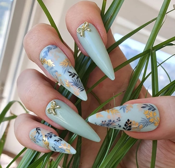 Pale Green Stilettos with Botanical Print Pale Green Stilettos with Botanical Print — Trendy Long Nails