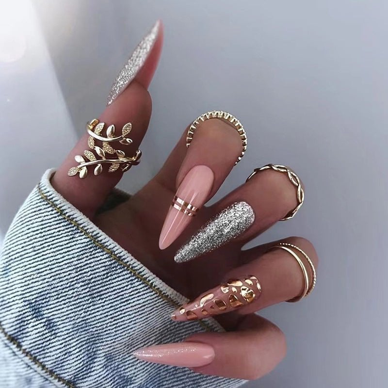 Pink Stilettos with Gold Foil and Glitter, Close-Up Take Pink Stilettos with Gold Foil and Glitter, Close-Up Take — Trendy Long Nails