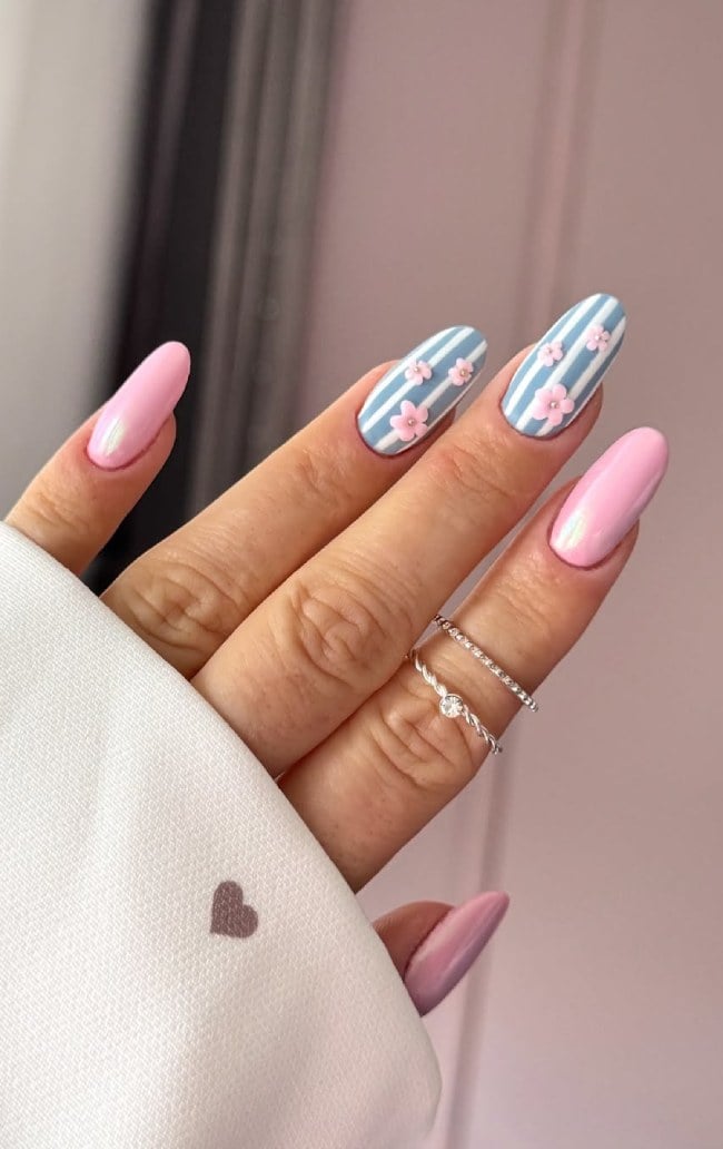 Pearlescent Pink Almonds with 3D Flowers Pearlescent Pink Almonds with 3D Flowers — Trendy Long Nails