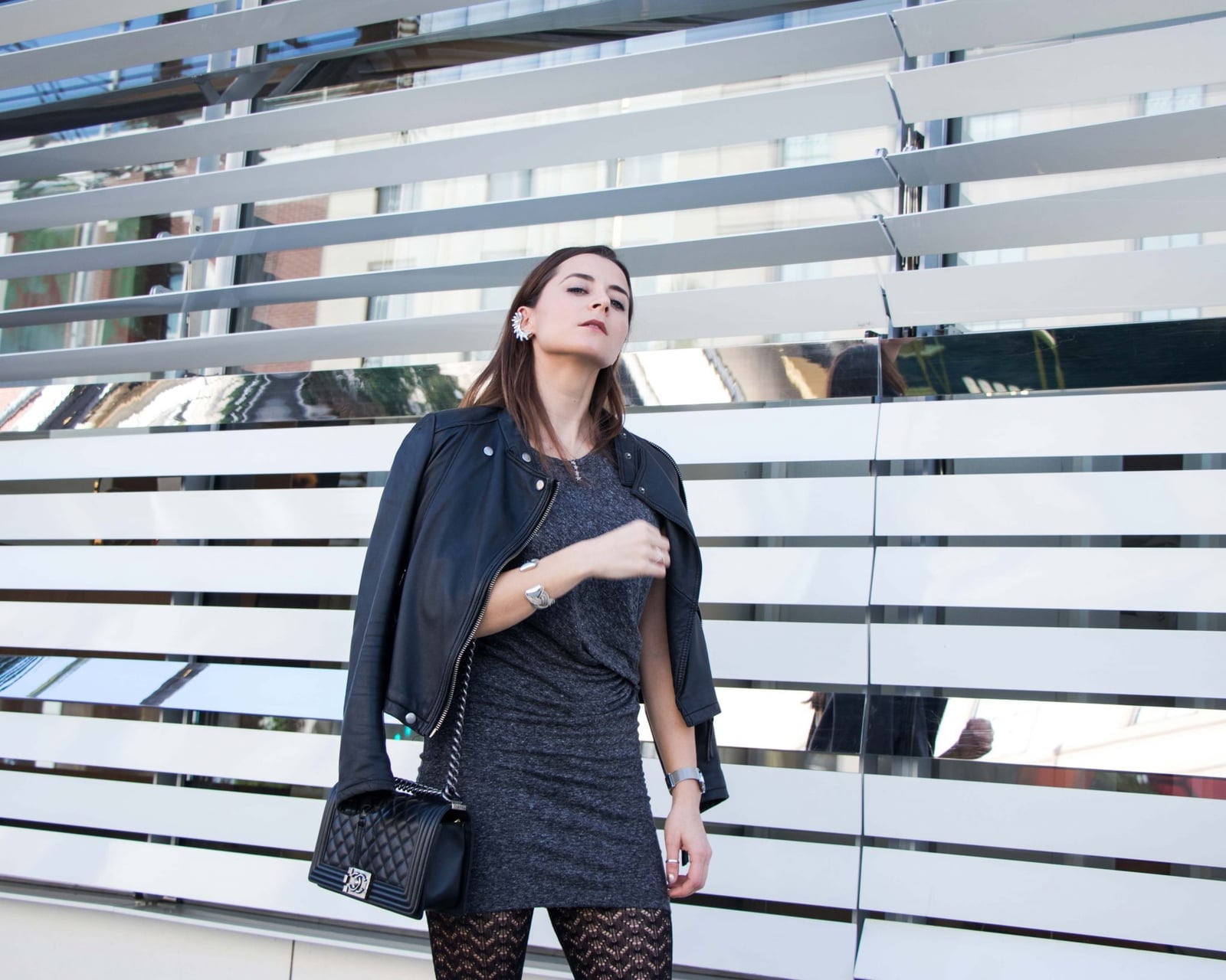 Grey Knit Mini Dress with Draped Biker Jacket Grey Knit Mini Dress with Draped Biker Jacket — Trendy Los Angeles Outfits