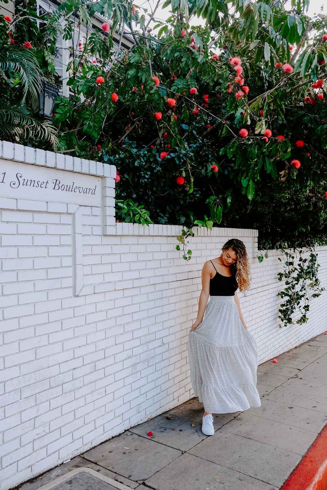 Black Camisole with Floral Maxi Skirt and Sneakers Black Camisole with Floral Maxi Skirt and Sneakers — Trendy Los Angeles Outfits