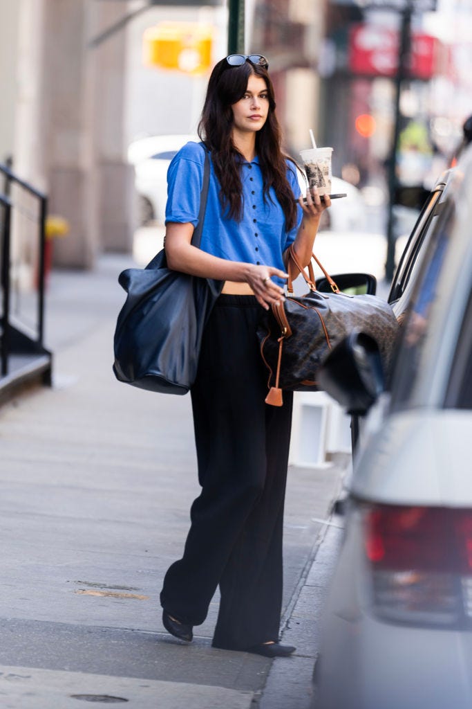 Blue Collared Shirt with Black Wide-Leg Trousers Blue Collared Shirt with Black Wide-Leg Trousers — Trendy Los Angeles Outfits