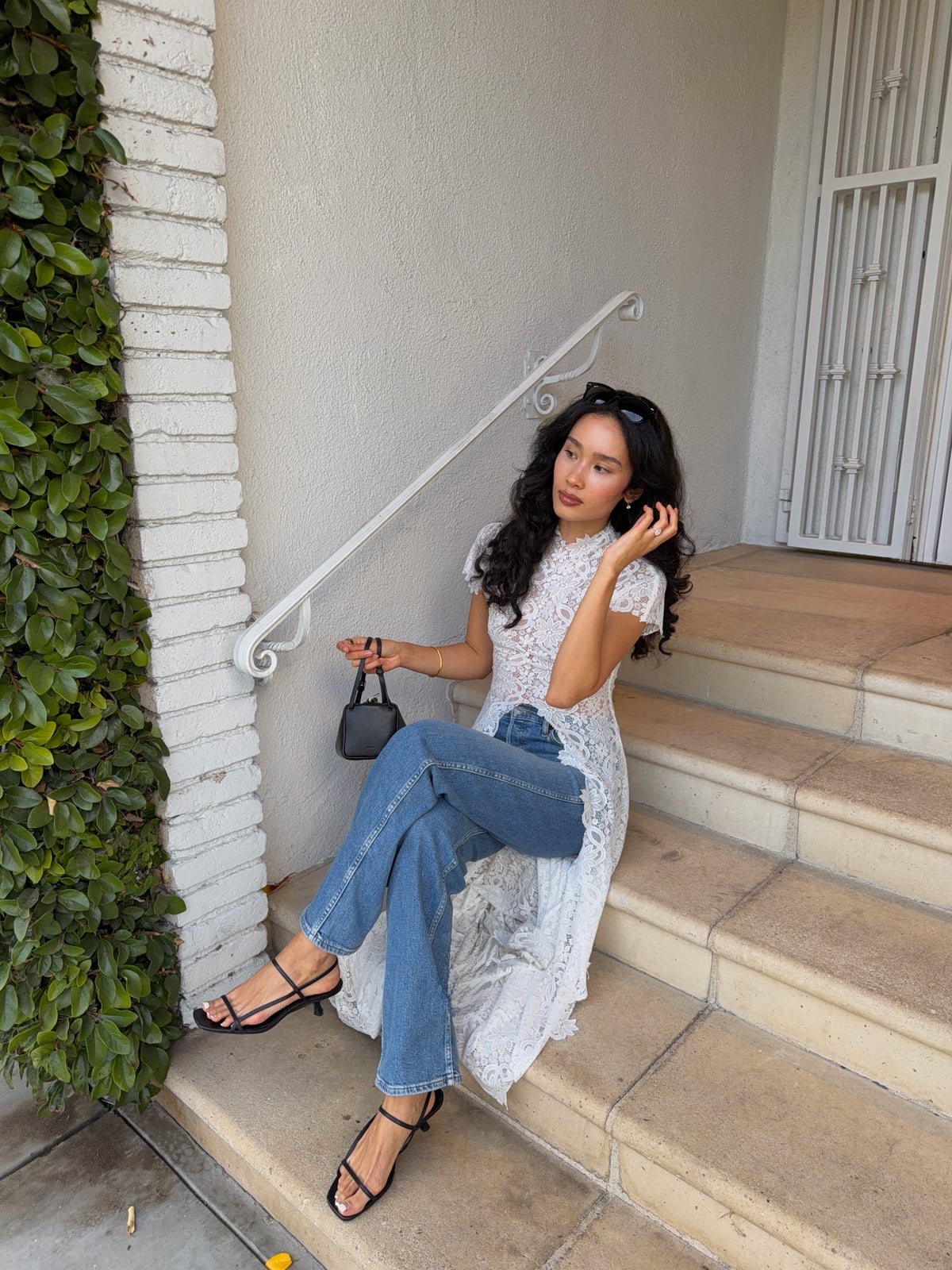 White Lace Tunic with Blue Jeans and Strappy Sandals White Lace Tunic with Blue Jeans and Strappy Sandals — Trendy Los Angeles Outfits