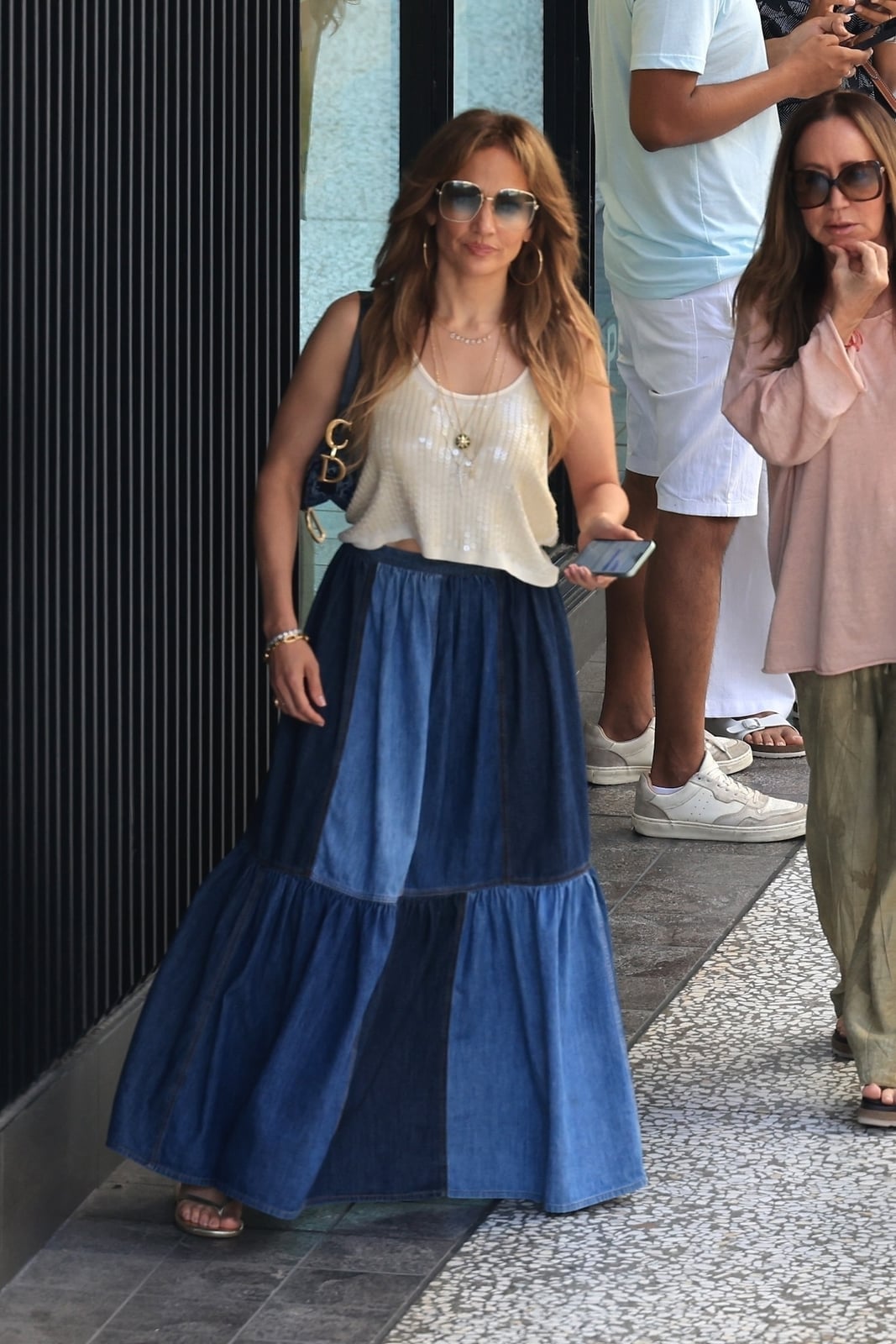 Sequined Crop Top with Denim Patchwork Maxi Skirt Sequined Crop Top with Denim Patchwork Maxi Skirt — Trendy Los Angeles Outfits