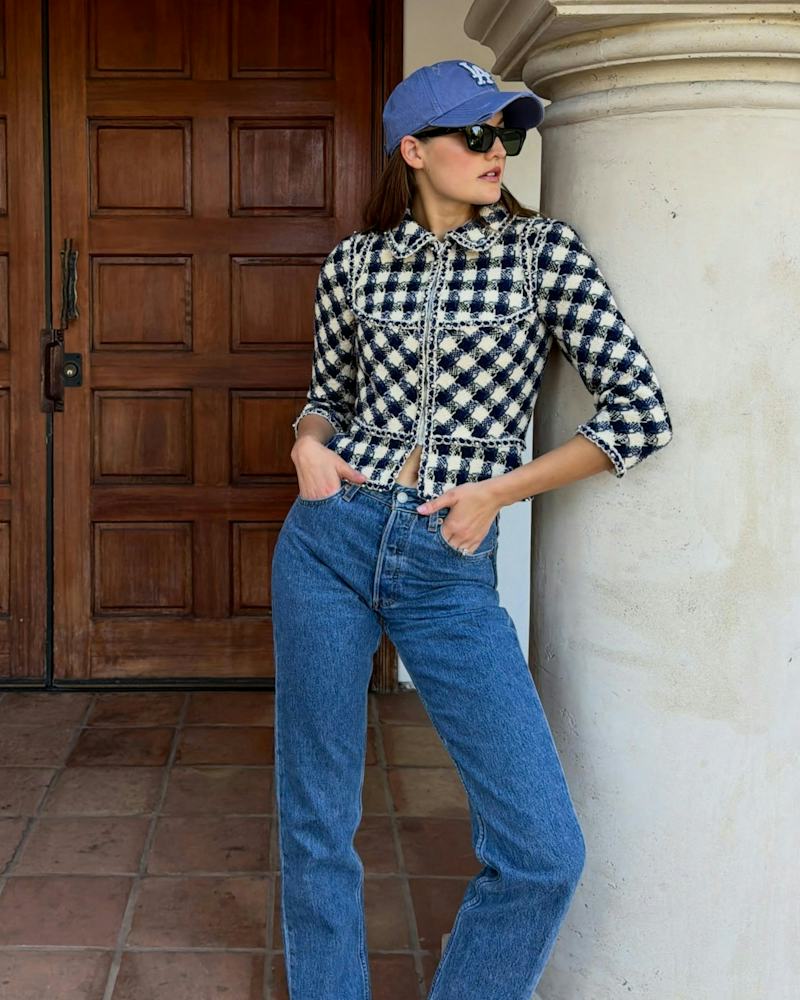 Checked Tweed Jacket with Blue Jeans Checked Tweed Jacket with Blue Jeans — Trendy Los Angeles Outfits