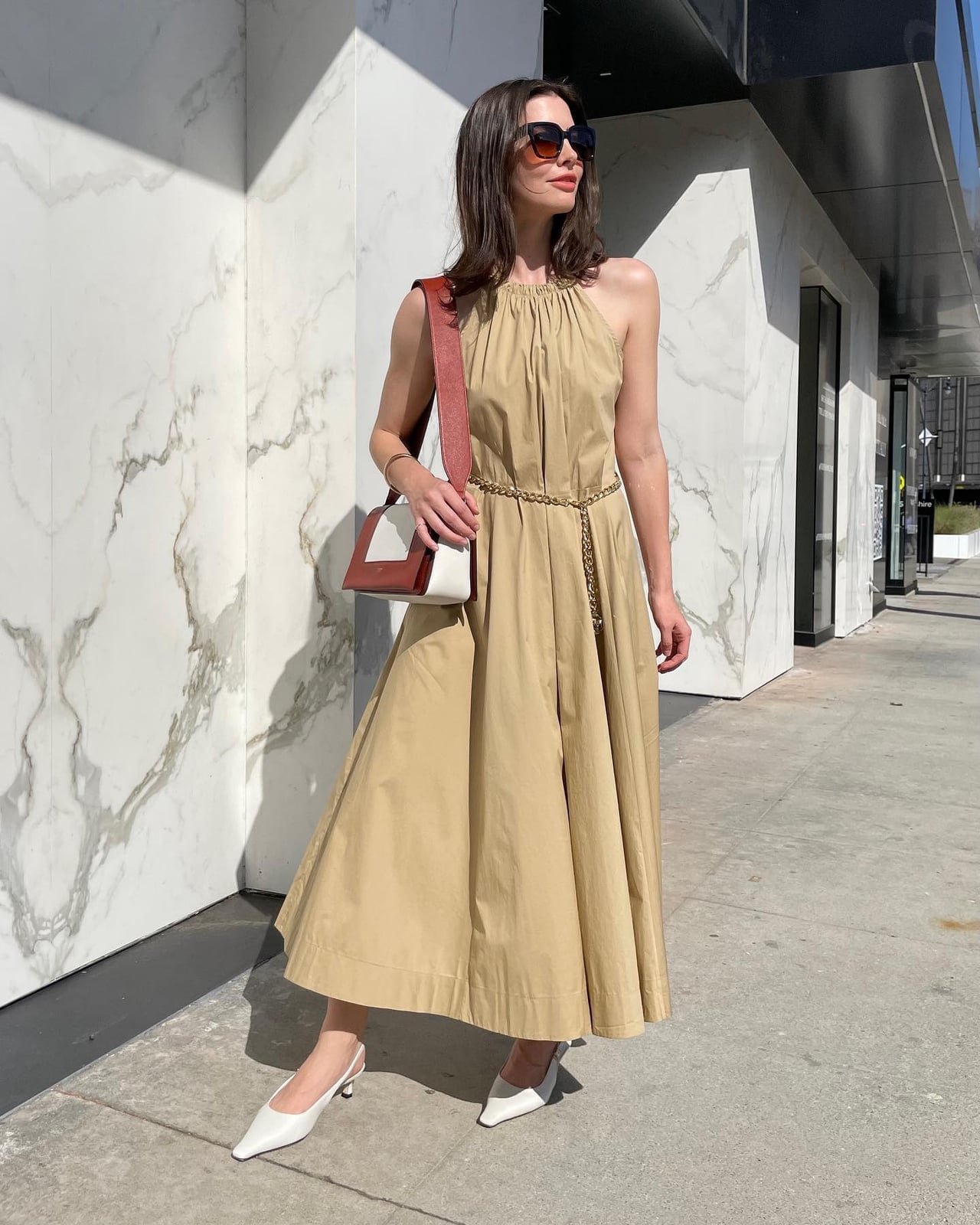 Khaki Halter Dress with Chain Belt and White Heels Khaki Halter Dress with Chain Belt and White Heels — Trendy Los Angeles Outfits