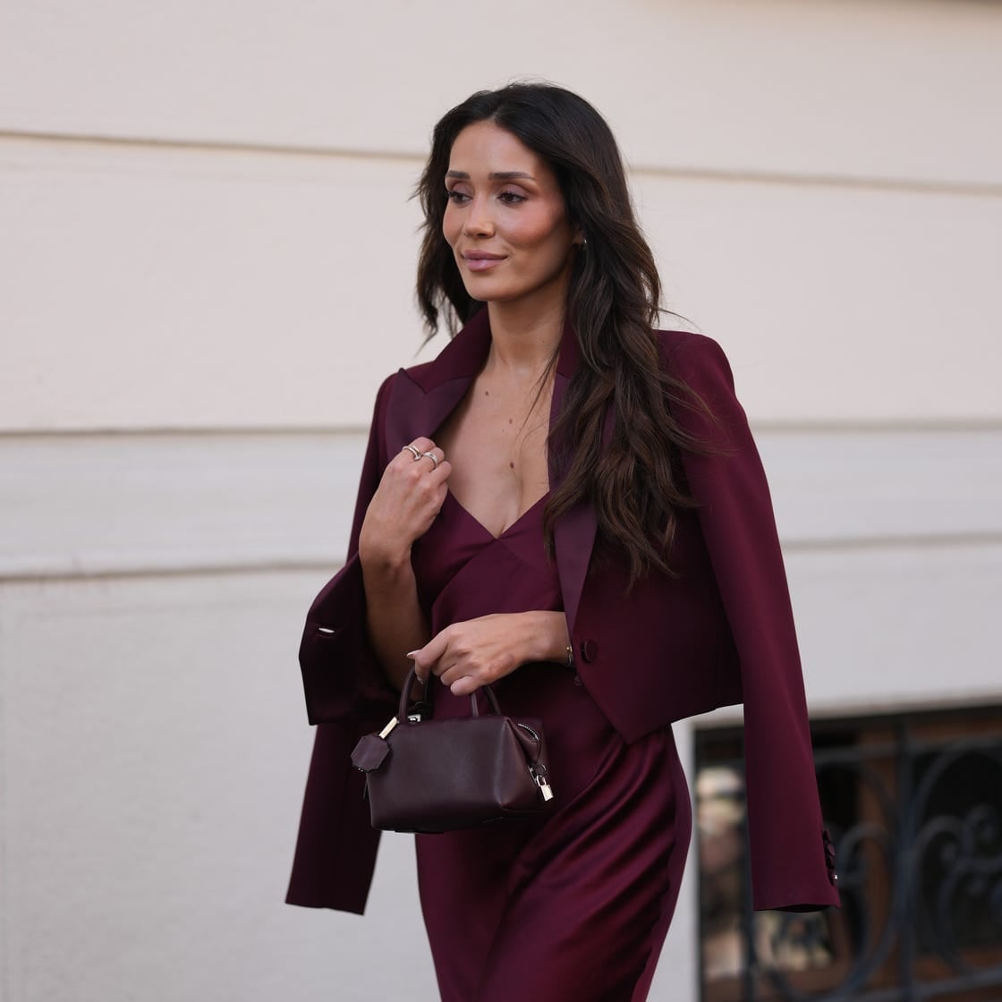 Burgundy Satin Slip Dress with Cropped Blazer Burgundy Satin Slip Dress with Cropped Blazer — Trendy Luxury Outfits