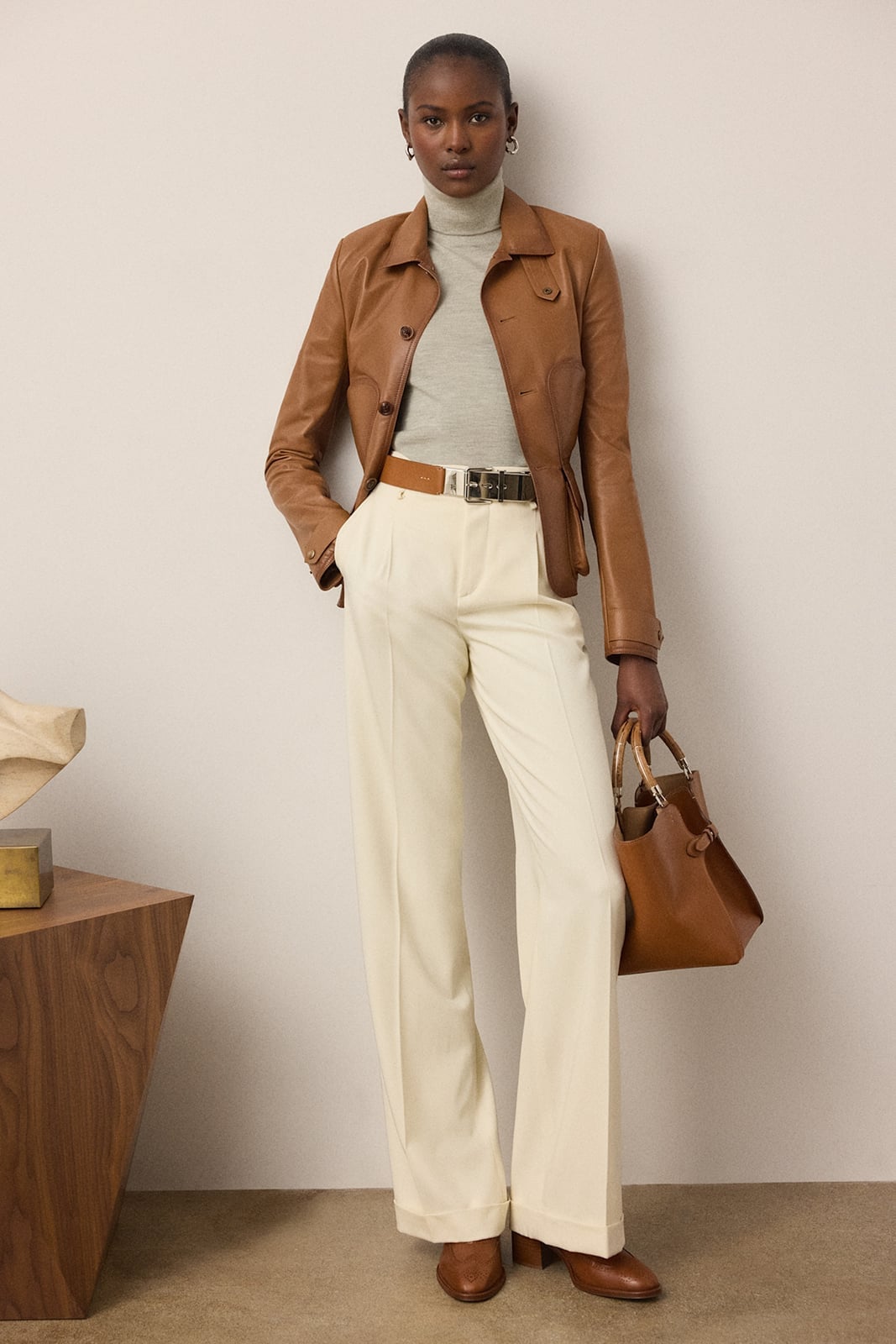Brown Leather Jacket and Wool Trousers Brown Leather Jacket and Wool Trousers — Trendy Luxury Outfits