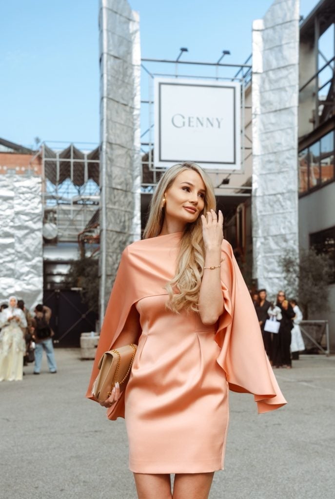 Peach Satin Dress with Cape Overlay Evening Wear Trendy Luxury Outfits