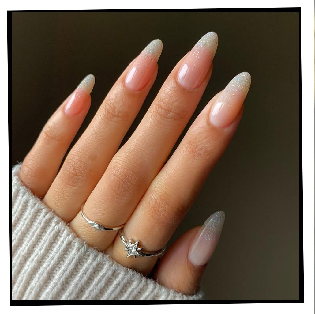 Nude Pink Ombre Glitter Tip Long Stiletto Nails, Glossy — Trendy Manicure Nails
