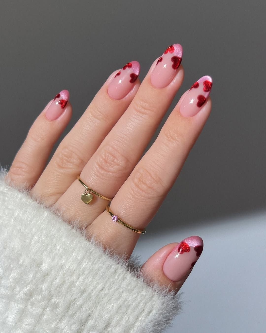 Pink French Glitter Heart Medium Almond Nails — Trendy Manicure Nails
