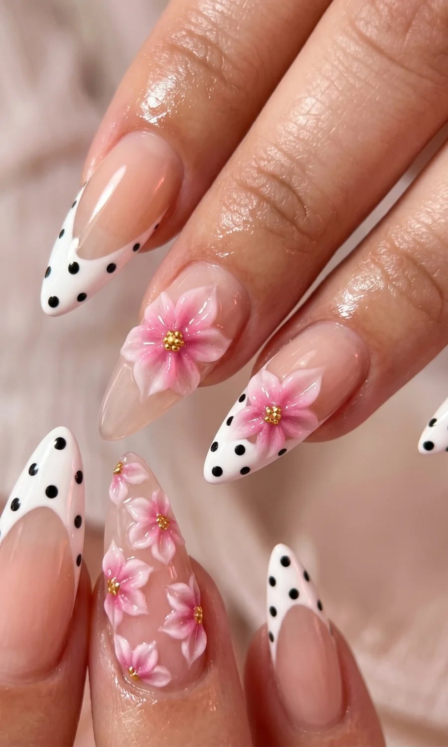 Sheer Pink 3D Flower Polka Dot Medium-Long Almond Nails — Trendy Manicure Nails