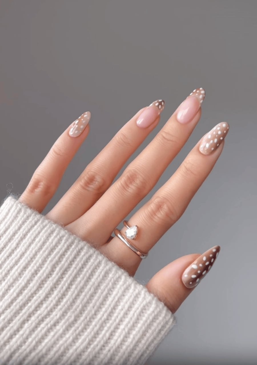 Sheer Nude Brown Polka Dot Long Almond Nails — Trendy Manicure Nails