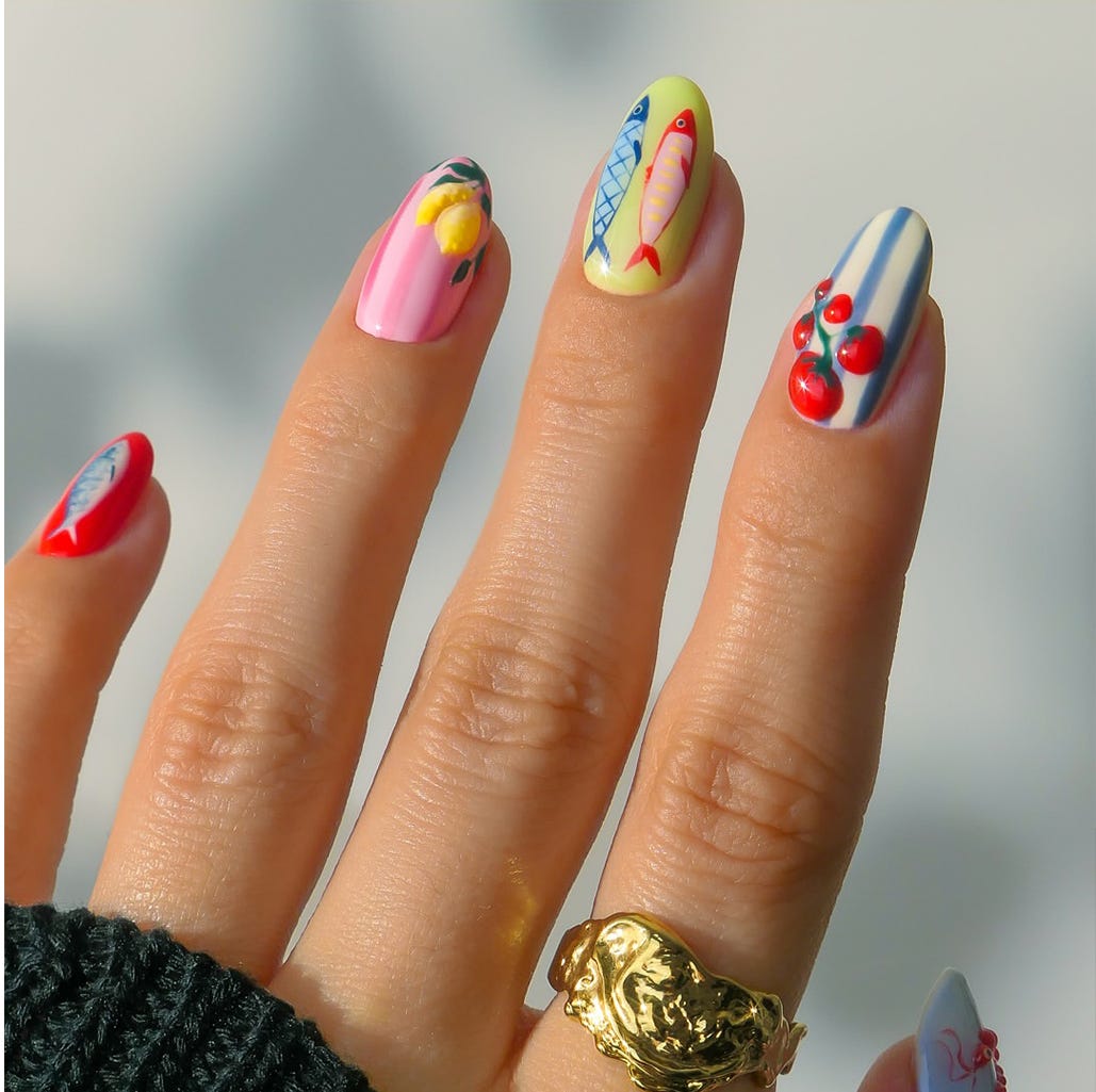 Playful Motifs Glossy Medium Oval Nails — Trendy Manicure Nails