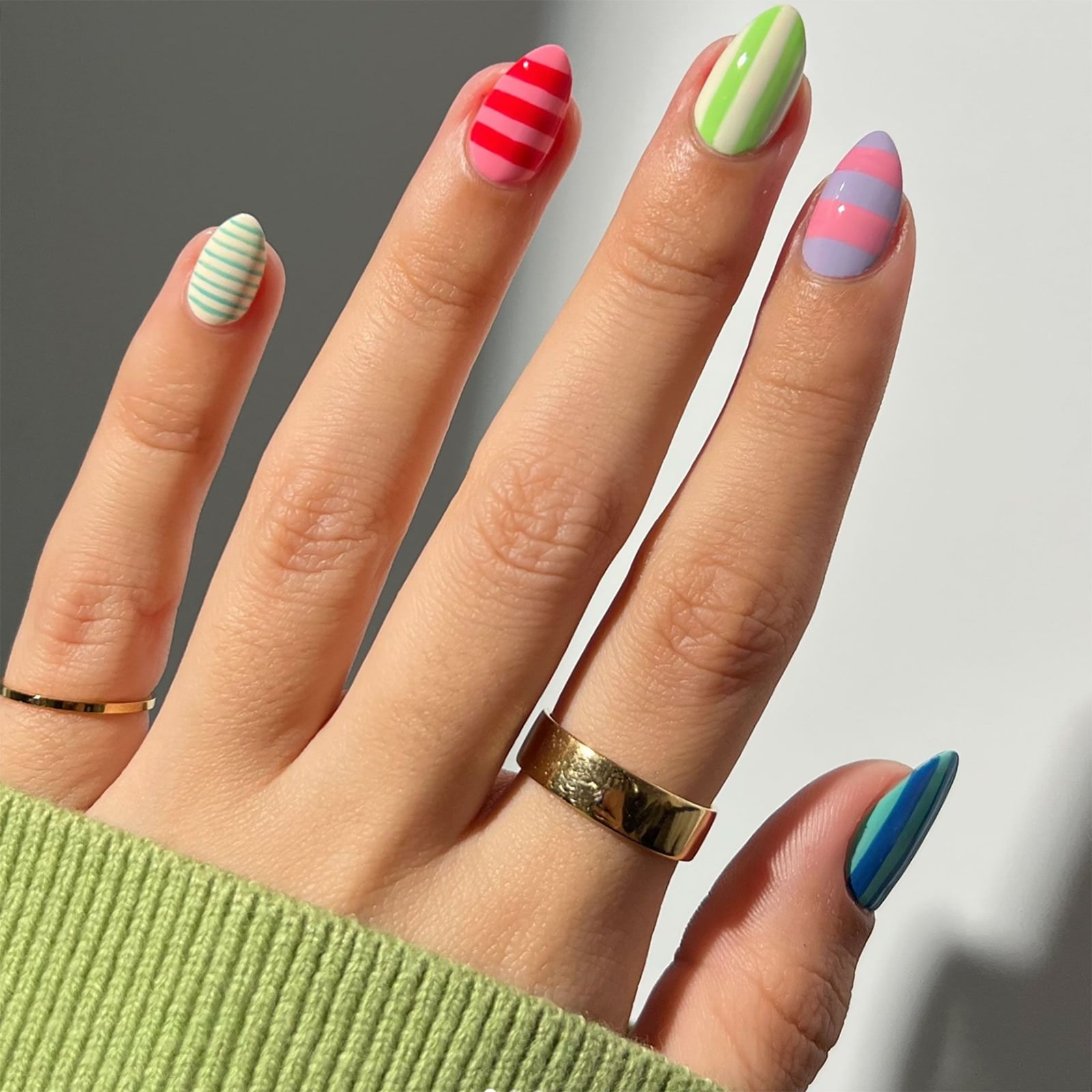 Colorful Vertical Stripes Medium Oval Nails — Trendy Manicure Nails