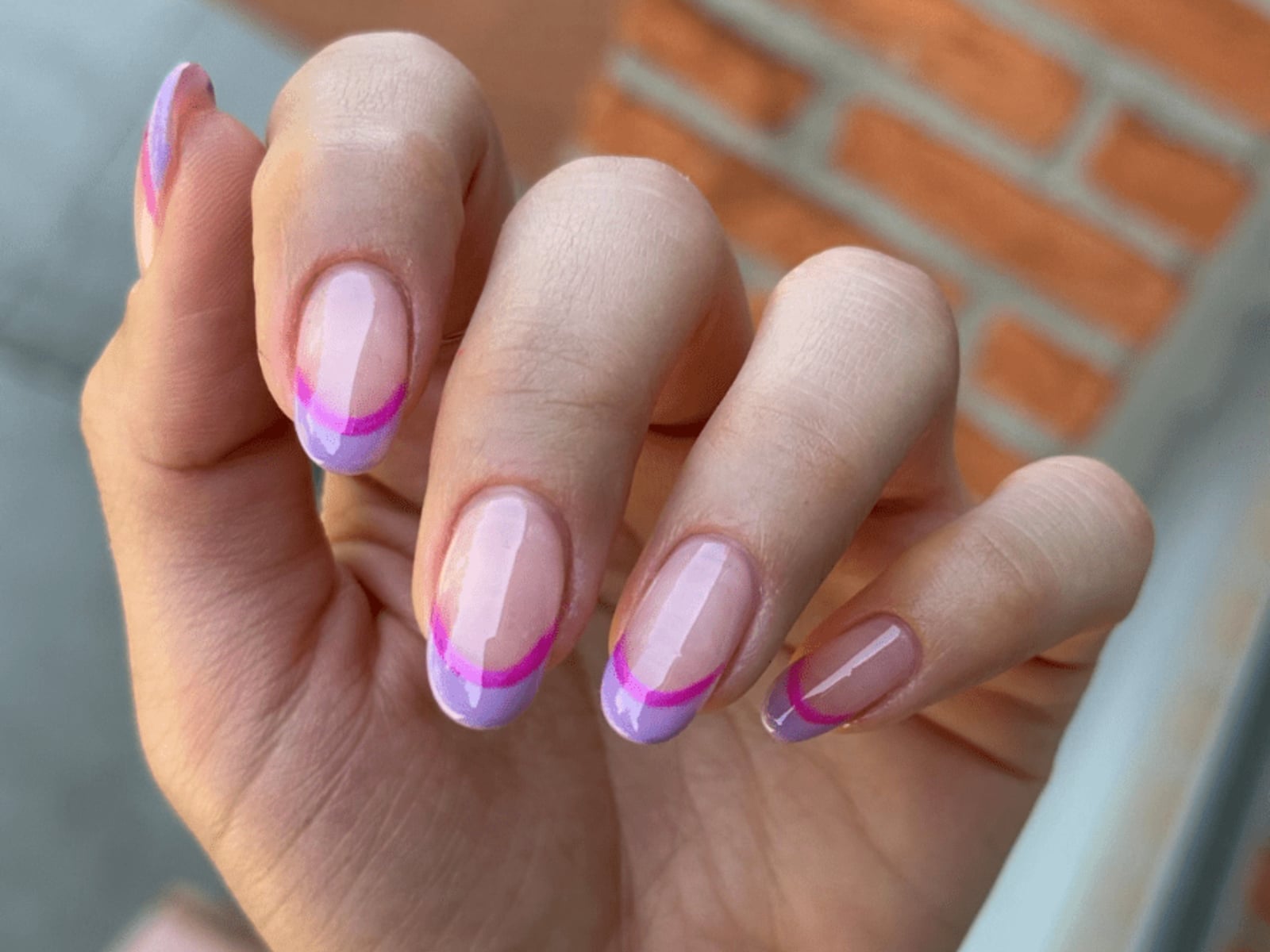 Sheer Pink Lilac Hot Pink French Medium Oval Nails — Trendy Manicure Nails