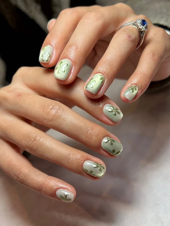 Sheer Pale Green Metallic Floral Short Almond and Square Nails — Trendy Manicure Nails