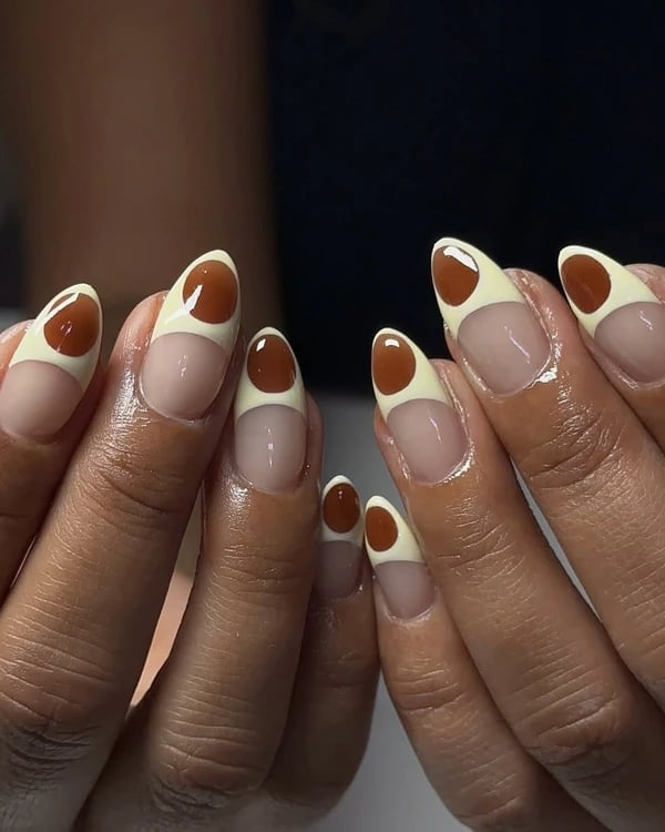 Cream Brown Geometric Tip Medium Almond Nails — Trendy Manicure Nails