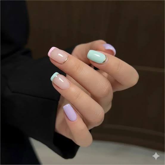 Pastel French Gold Line Short Square Nails — Trendy Manicure Nails