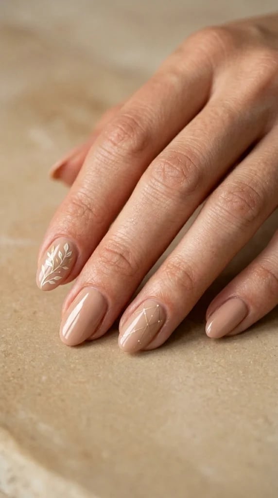 Nude Beige Leaf Motif and Dots Short Oval Nails — Trendy Manicure Nails