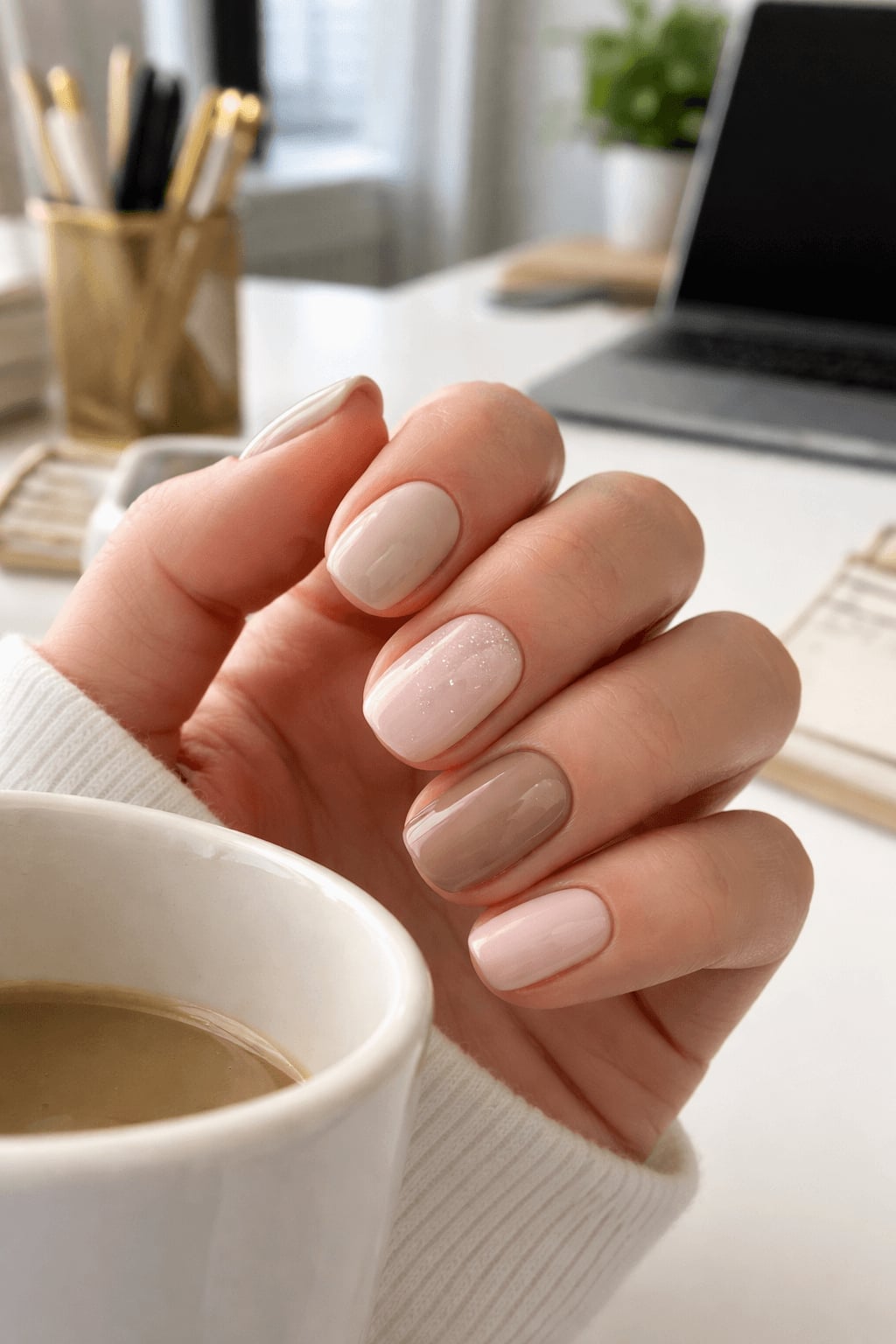 Neutral Color Block Matte Short Square Nails — Trendy Manicure Nails
