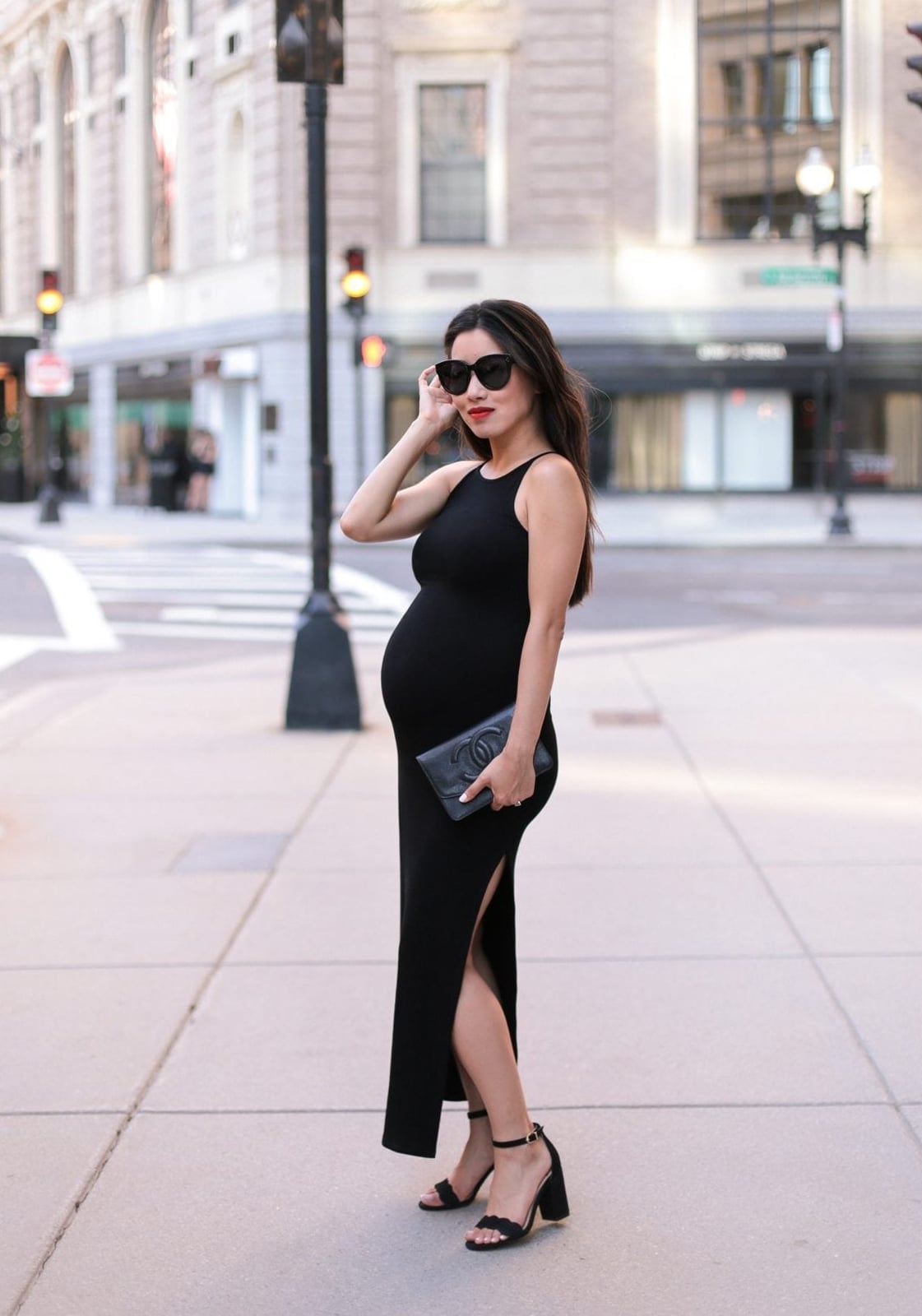 Black Sleeveless Maxi Dress with High Slit — Trendy Maternity Outfits