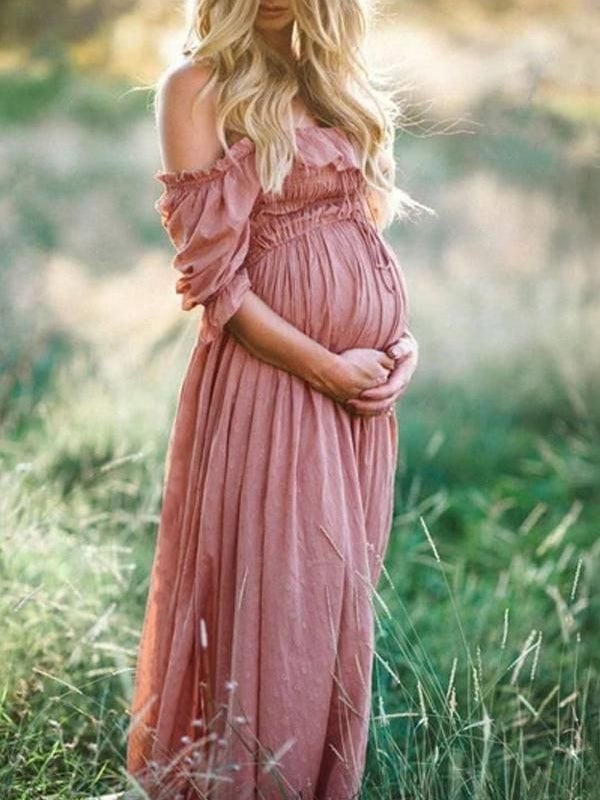 Dusty Rose Off-The-Shoulder Ruffled Maxi Dress — Trendy Maternity Outfits