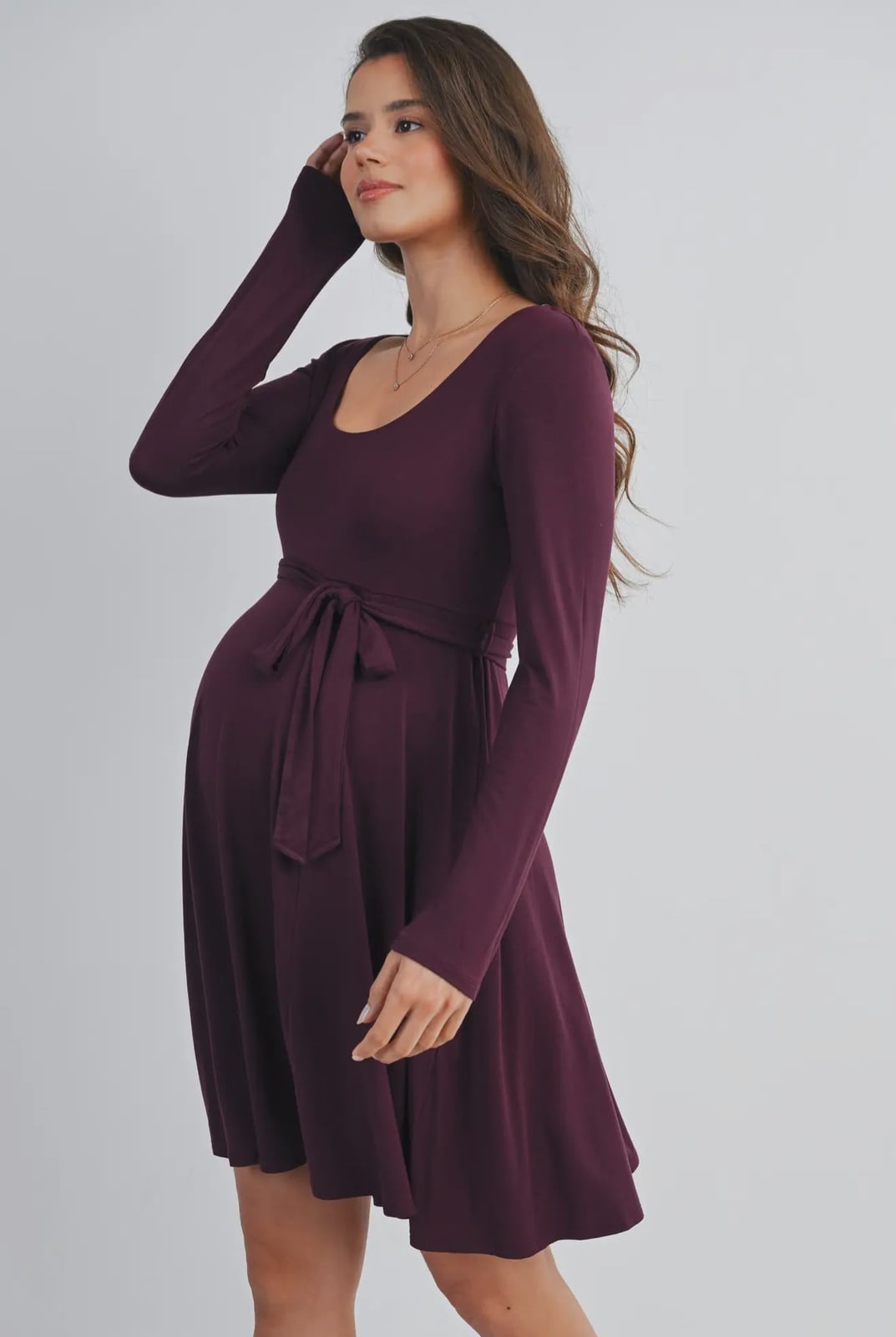 Deep Plum Tie-Waist Dress — Trendy Maternity Outfits