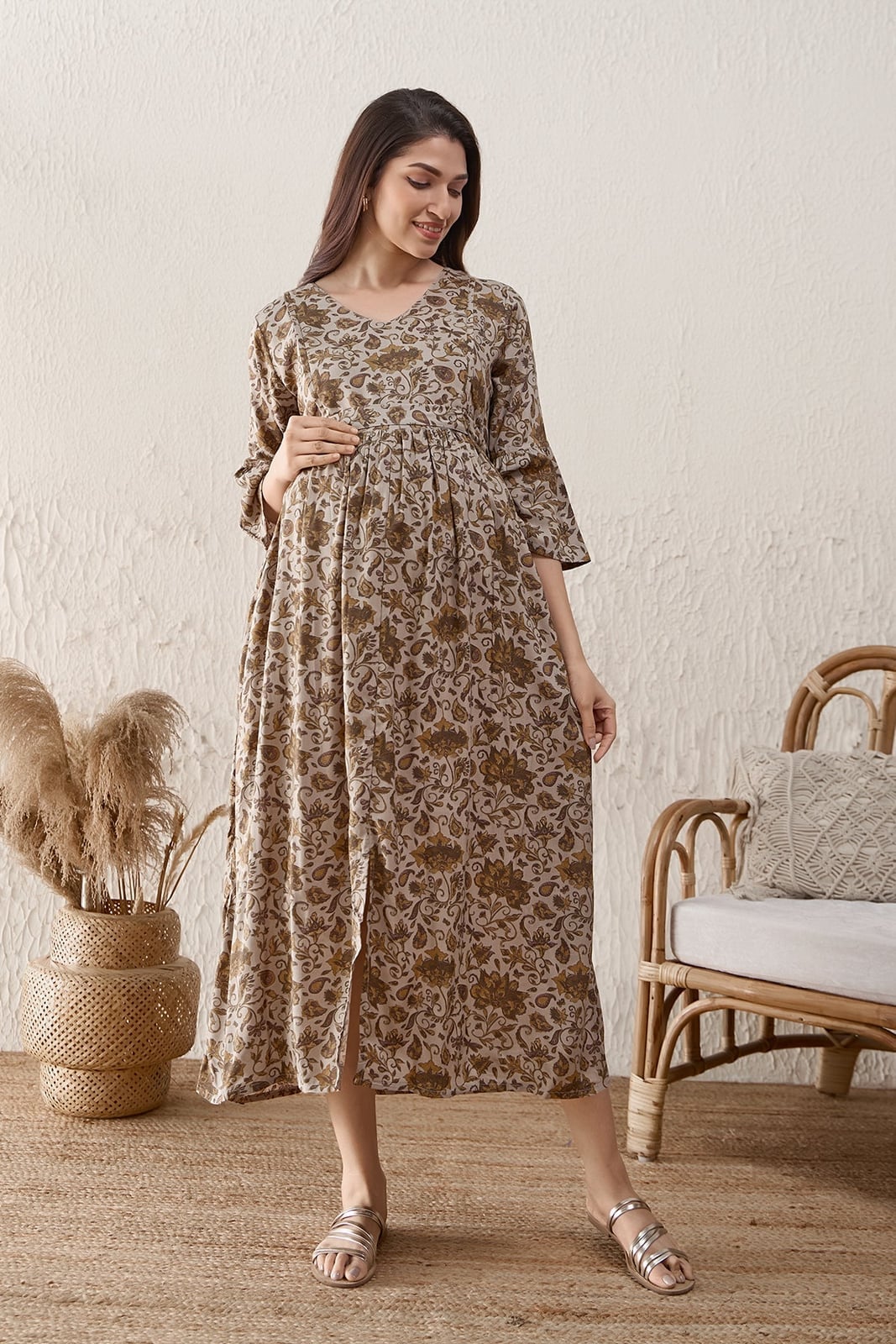 Beige Floral Print Midi Dress — Trendy Maternity Outfits