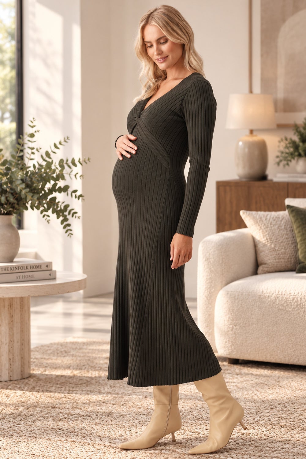 Dark Green Ribbed Knit Dress with Flared Skirt — Trendy Maternity Outfits
