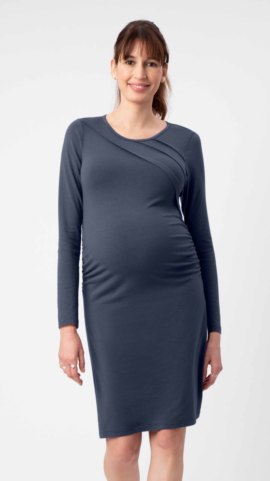 Charcoal Blue Ruched Maternity Dress — Trendy Maternity Outfits