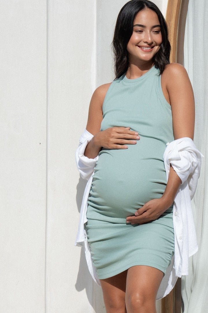Mint Green Ruched Dress with Button-Down Shirt — Trendy Maternity Outfits