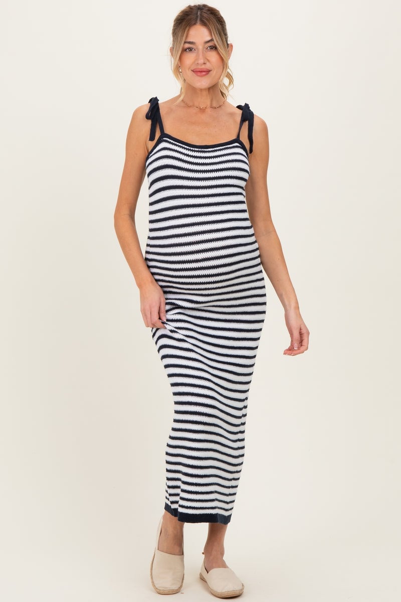 Striped Knit Maxi Dress with Tie Straps — Trendy Maternity Outfits