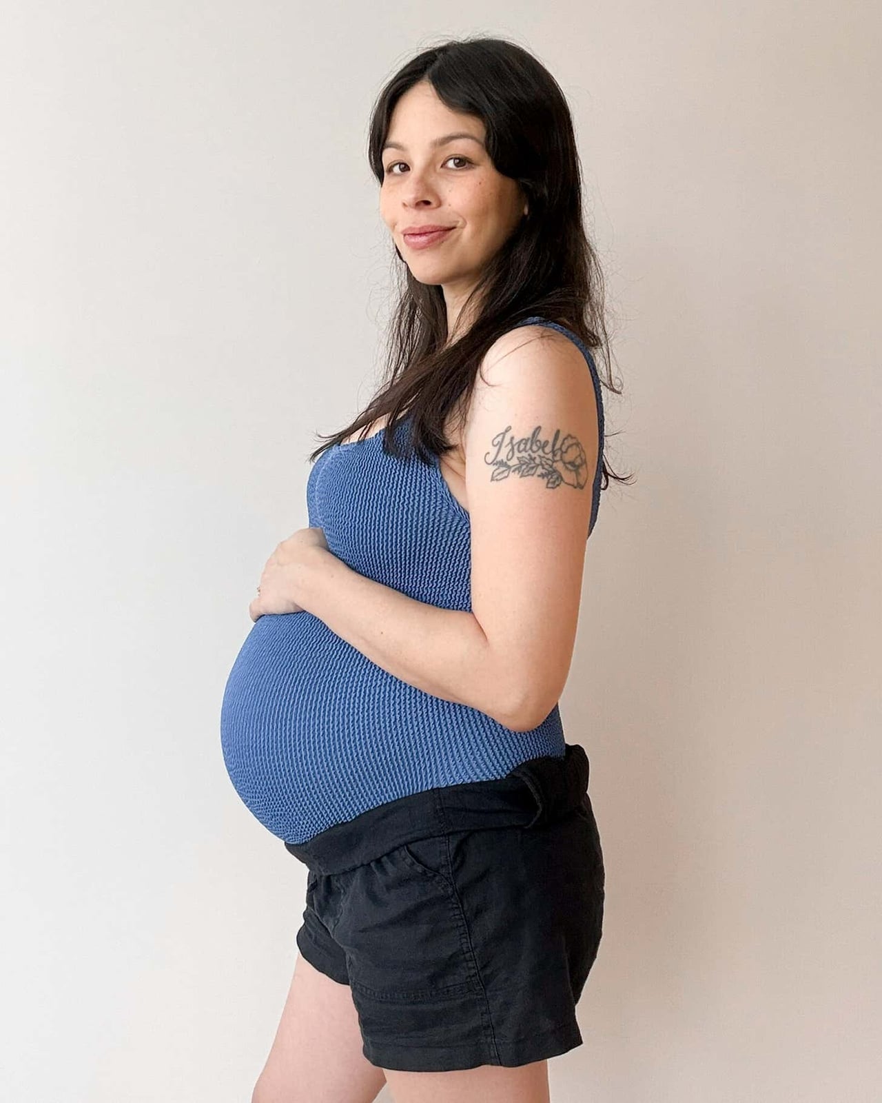 Blue Ribbed Tank Top with Black Shorts — Trendy Maternity Outfits