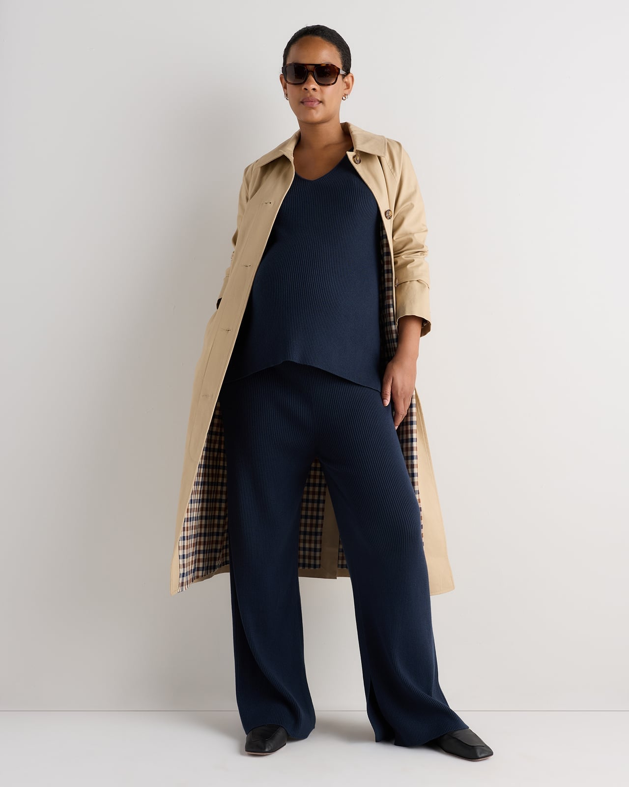 Trench Coat Over Navy Knit Set — Trendy Maternity Outfits