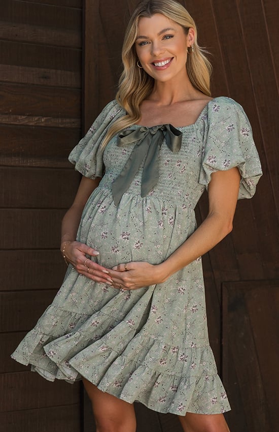 Sage Green Smocked Floral Mini Dress — Trendy Maternity Outfits