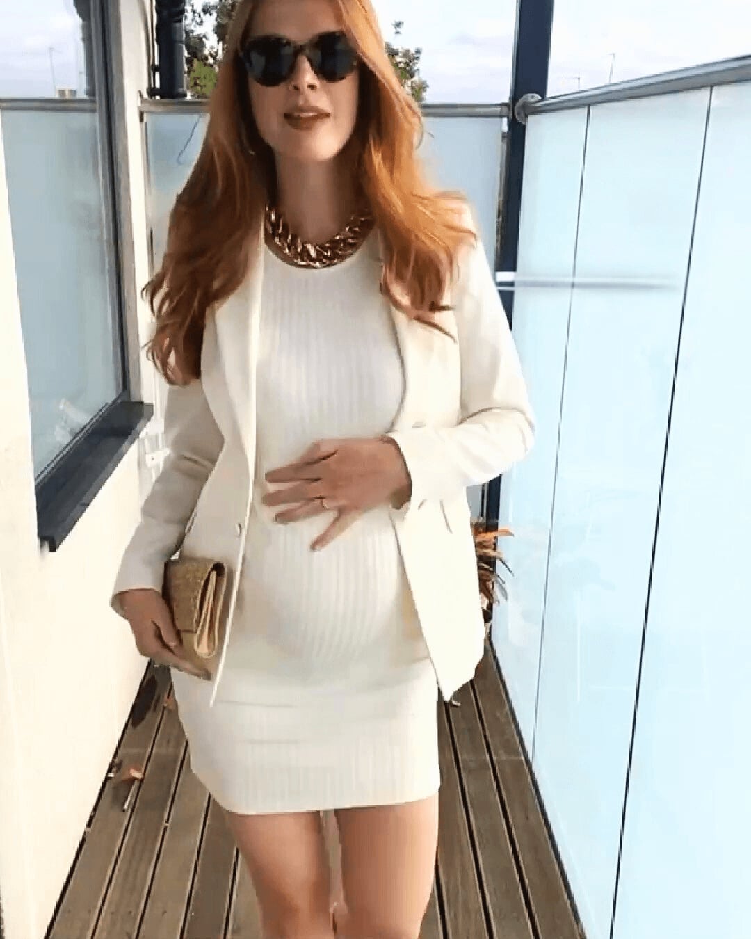 Ivory Knit Dress with Oversized Blazer — Trendy Maternity Outfits