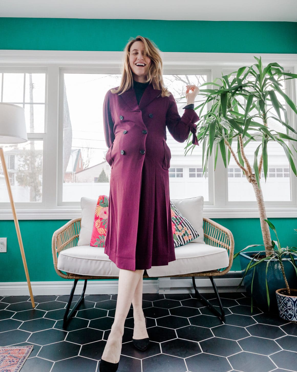 Deep Red Double-Breasted Coat Over Turtleneck — Trendy Maternity Outfits