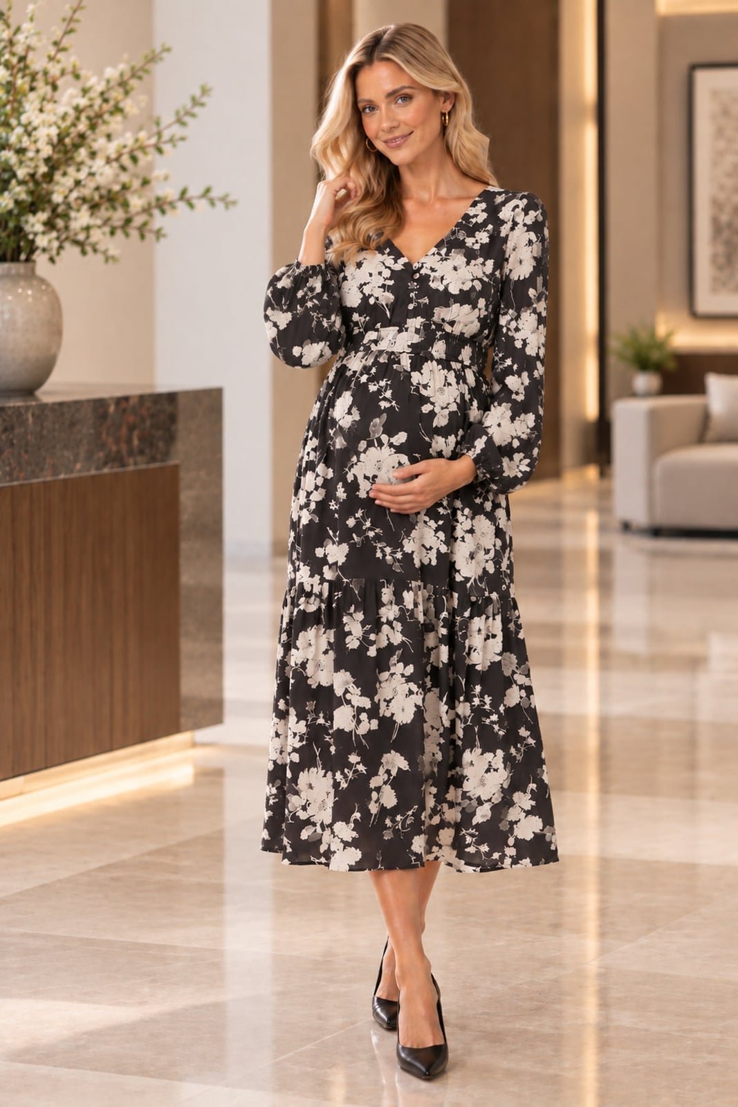 Black Floral Print Dress with Tiered Skirt — Trendy Maternity Outfits