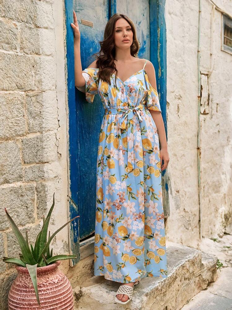 Light Blue Citrus Fruit Print Maxi Dress — Trendy Maxi Dresses Outfit