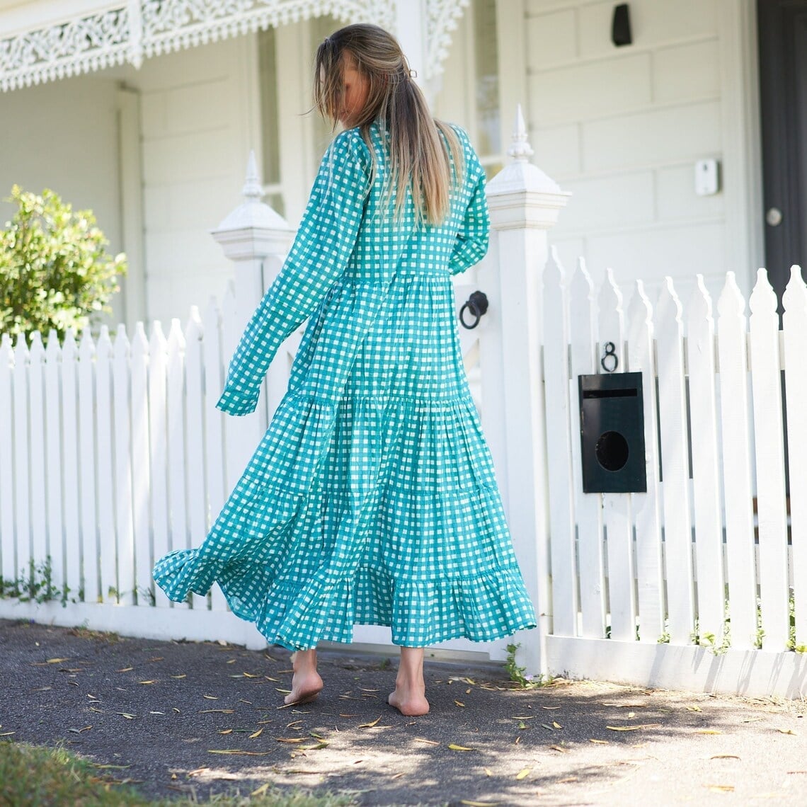 Teal and White Gingham Maxi Dress — Trendy Maxi Dresses Outfit