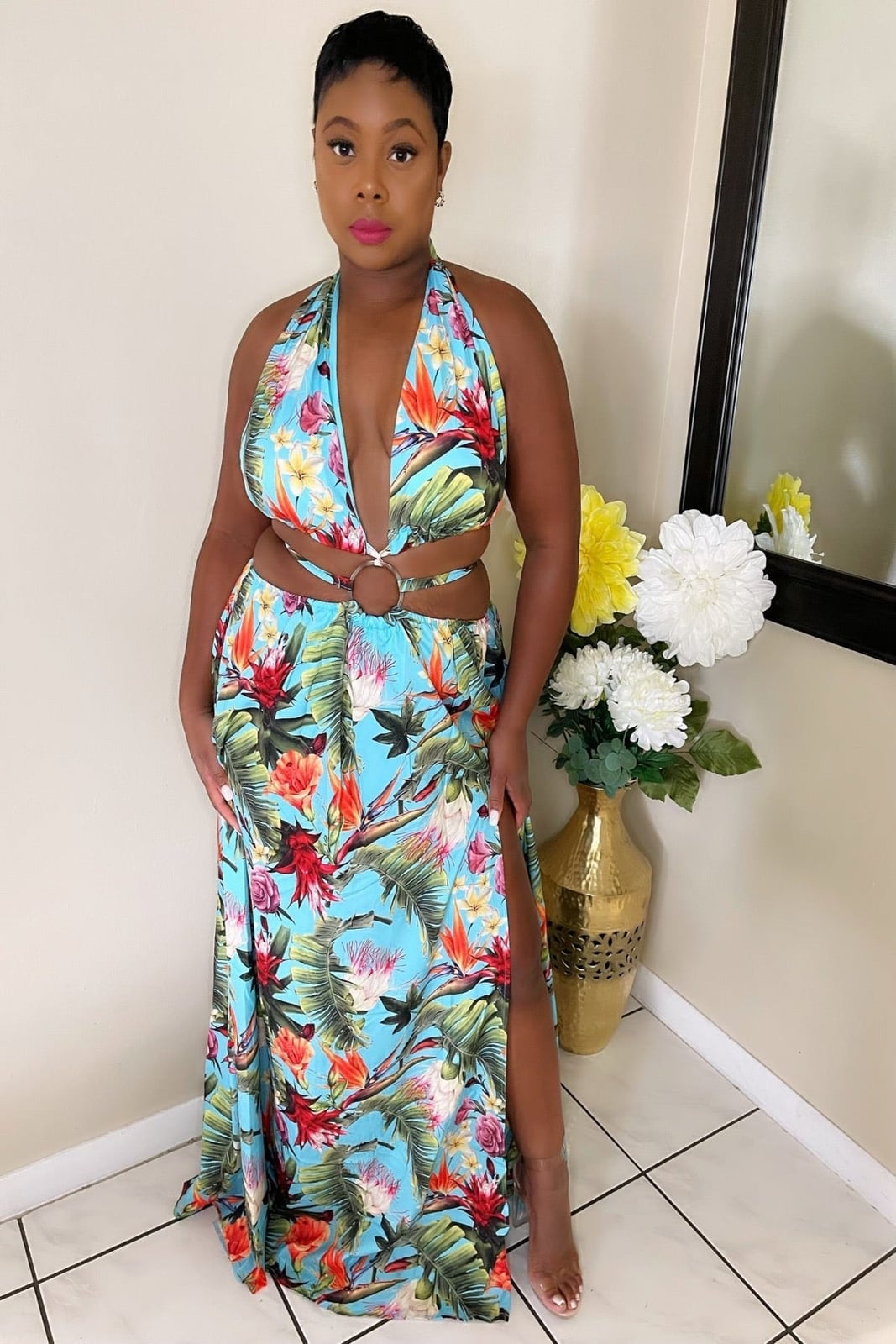 Blue Green Pink Floral Print Cut-Out Maxi Dress — Trendy Maxi Dresses Outfit