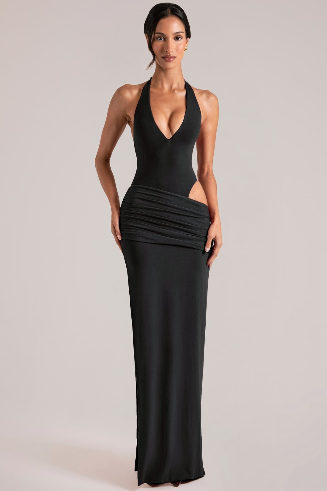 Black Asymmetric Hip Ruching Cut-Out Maxi Dress — Trendy Maxi Dresses Outfit
