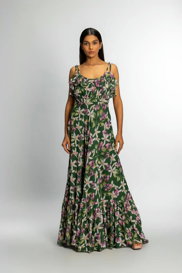 Green Floral Print Ruffled Chiffon Maxi Dress — Trendy Maxi Dresses Outfit